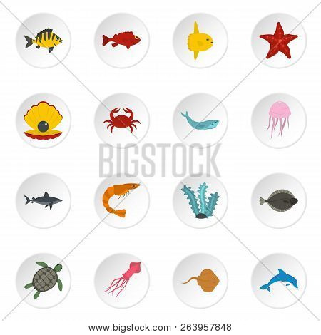 Sea Animals Icons Set In Flat Style Isolated Icons Set Illustration