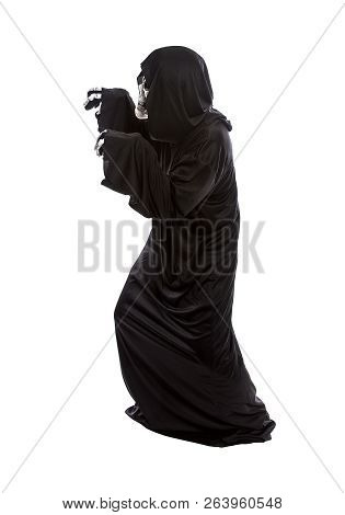 The Grim Reaper Or Death Halloween Costume Isolated On A White Background.  The Skeleton Is Wearing 