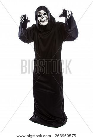 The Grim Reaper Or Death Halloween Costume Isolated On A White Background.  The Skeleton Is Wearing 