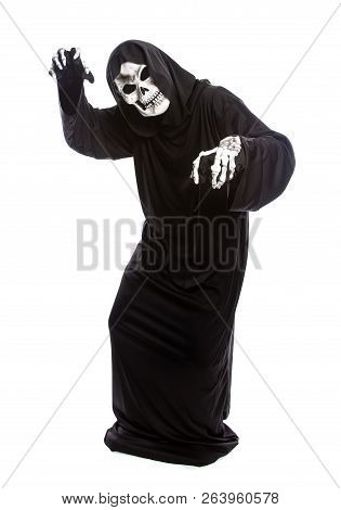 The Grim Reaper Or Death Halloween Costume Isolated On A White Background.  The Skeleton Is Wearing 