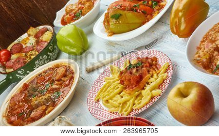Hungarian  Cuisine,  Traditional Assorted Dishes, Top View.