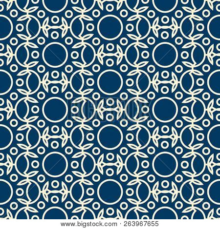 Abstract Dichromatic Seamless Pattern Formed By Modern Geometric Ornate With Rounds And Leaves Flat 