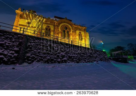 Uzhgorod, Ukraine - Dec 26, 2016: Philharmonic Orchestra Concert Hall In Winter At Dawn. Former Buil