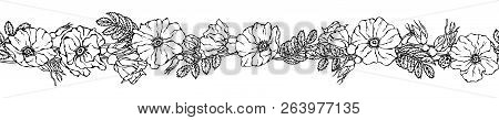 Endless Brush Border With Wild Roses. Summer Flowers Greeting Card Or Wedding Background. Hand Drawn