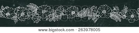 Endless Brush Border With Wild Roses. Summer Flowers Greeting Card Or Wedding Background. Hand Drawn