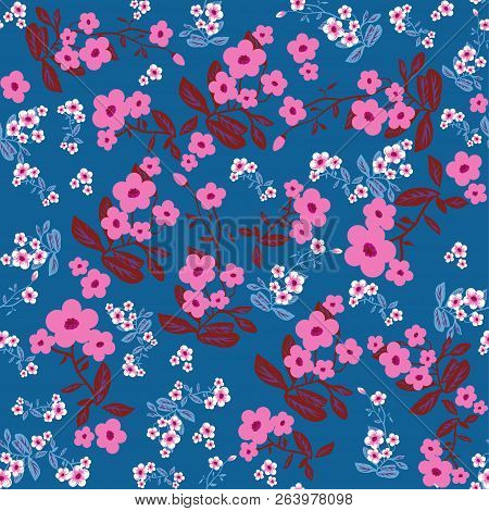 Dark Blue Flowers Seamless Pattern. Vector Folk Background For Prints, Wrapping, Texlile