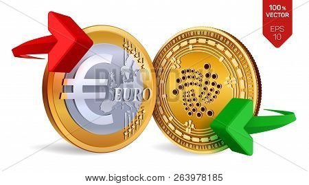 Iota To Euro Currency Exchange. Iota. Euro Coin. Cryptocurrency. Golden Coins With Iota And Euro Sym