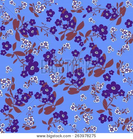 Vector Folk Background For Prints, Wrapping, Texlile Blue Flowers Seamless Pattern.