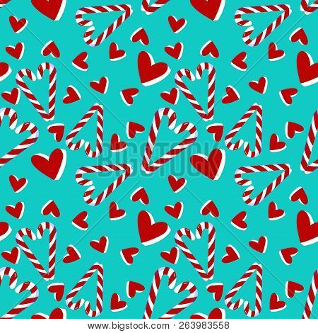 Christmas Seamless Pattern With Candy Cane And Hearts .holiday Decoration Perfect For Posrcard, Holi