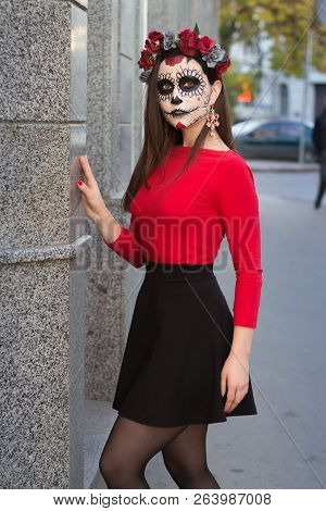 Portrait Of A Girl In The City With A Make-up, Make-up For Halloween, Day Of The Dead, Zombies. Dead