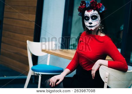 Portrait Of A Girl In The City With A Make-up, Make-up For Halloween, Day Of The Dead, Zombies. Dead