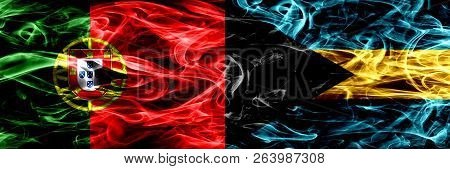 Portugal Vs Bahamas, Bahamian Smoke Flags Placed Side By Side. Thick Colored Silky Smoke Flags Of Po