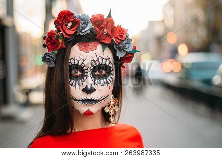 Portrait Of A Girl In The City With A Make-up, Make-up For Halloween, Day Of The Dead, Zombies. Dead