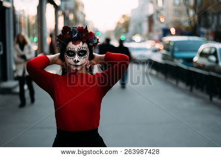 Portrait Of A Girl In The City With A Make-up, Make-up For Halloween, Day Of The Dead, Zombies. Dead
