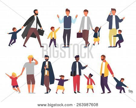 Busy Father With Naughty Kids. Parents With Children. Vector Illustration