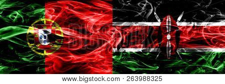 Portugal Vs Kenya, Kenyan Smoke Flags Placed Side By Side. Thick Colored Silky Smoke Flags Of Portug
