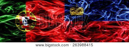 Portugal Vs Liechtenstein, Liechtensteins Smoke Flags Placed Side By Side. Thick Colored Silky Smoke