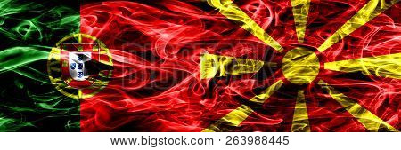 Portugal Vs Macedonia, Macedonian Smoke Flags Placed Side By Side. Thick Colored Silky Smoke Flags O