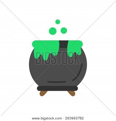 Cute Hand Drawn Witch Pot Vector Illustration. Halloween, Wizard Pot With Green Potion And Bubbles, 