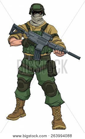 Full-length Illustration Of Masked Soldier On Patrol, Holding Machine Gun.
