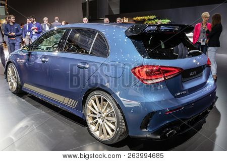 Paris - Oct 2, 2018: Mercedes Amg A 35 4matic Hatchback Car Unveiled At The Paris Motor Show.