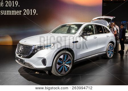 Paris - Oct 2, 2018: Mercedes Eqc 400 4matic Electric Suv Car Showcased At The Paris Motor Show.