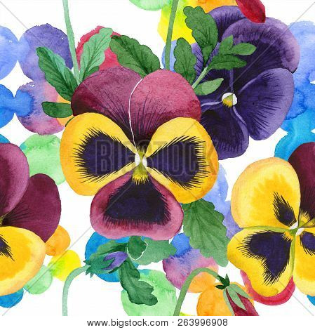Watercolor Colorful Viola Flower. Floral Botanical Flower. Seamless Background Pattern.