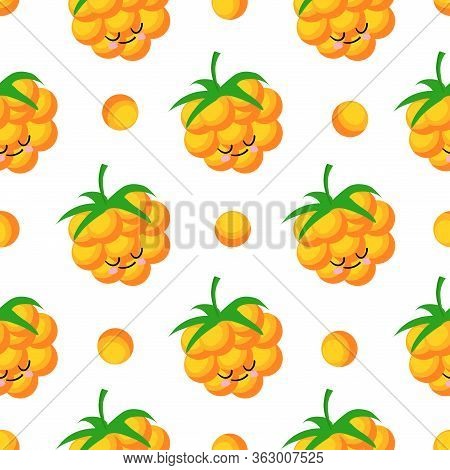 Cloudberry Yellow Berry. Berry Character On A White Background. Vector Illustration. Seamless Patter
