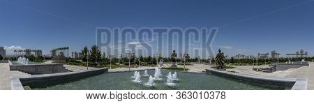 Asjchabad, Turkmenistan - June 1, 2019: Panorama Of The White And Marble City Of Asjchabad With Grea