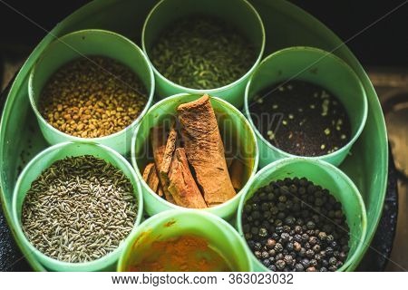 Spice Container Masala Box ( Anjarai Petti ) A Traditional Indian Spice Storage Container, Called A 
