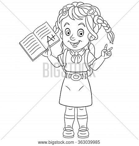 Coloring Page. Coloring Book Picture Of Cartoon Girl Showing She Passed The Exam With Evaluation A P
