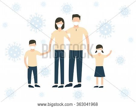 Family Wearing Protective Medical Mask For Prevent Virus. Coronavirus, Disease, Flu, Contaminated Ai