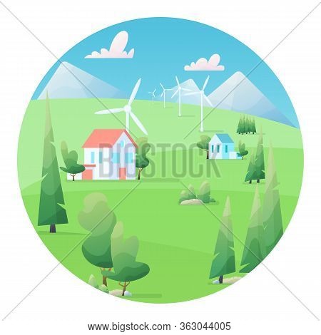 Farm Landscape Vector Illustration. Beautiful Summer Fields Landscape With A Wind Energy Converter.