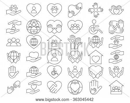 Voluntary, Charity, Donation Set Icons. Orphans And Animal Help, Voluntary Activity, Heart In Hands 