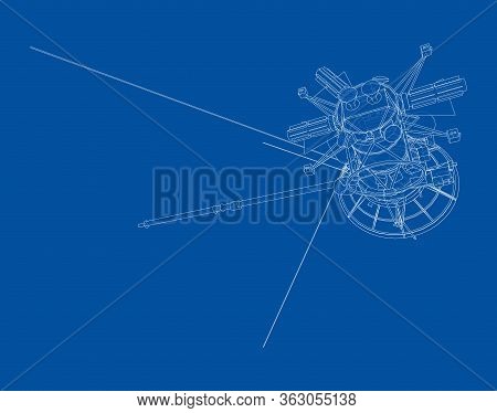 Communication Satellite Concept Outline. Vector Rendering Of 3d. Wire-frame Style. The Layers Of Vis