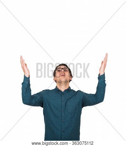 Shocked Businessman, Big Eyes Looking Up Astonished, Raising Hands Isolated On White Background With