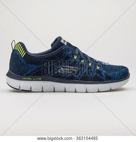 Vienna, Austria - February 14, 2018: Skechers Flex Advantage 2.0 Talamo Navy Blue Sneaker On White B