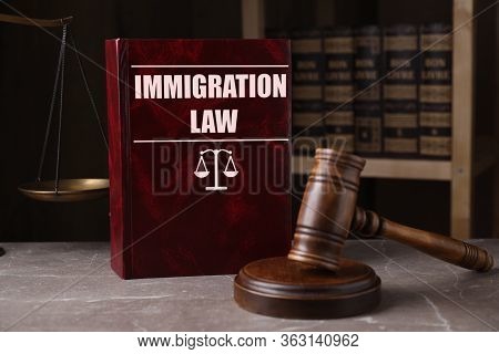 Immigration Law Book And Gavel On Grey Marble Table
