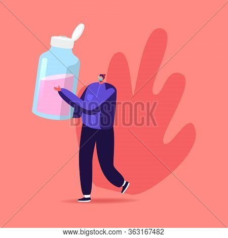 Precautionary Hygienic Measures Coronavirus Protection Concept. Man Character Carry Huge Sanitizer, 