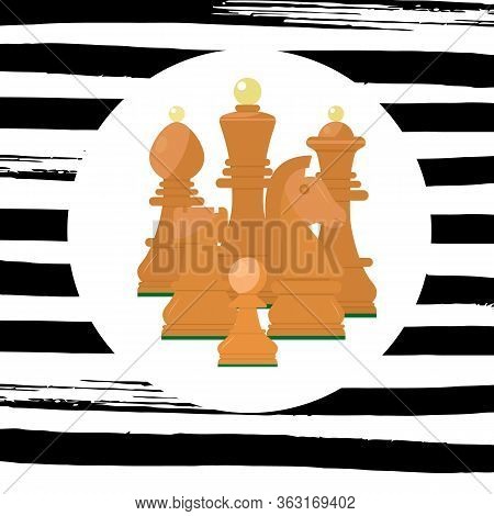 Wooden Chess Icon. King, Queen, Pawn, Rook, Horse, Bishop. Six Pieces Flat Style Vector Illustration