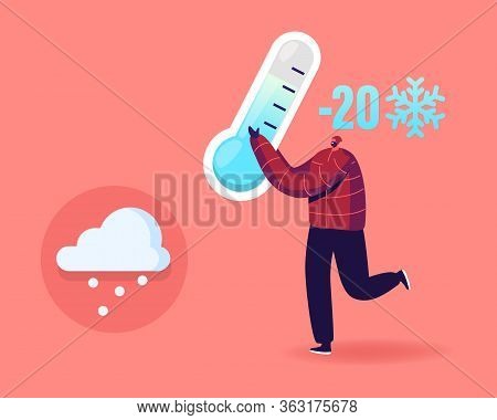 Freezing Springtime. Happy Cheerful Man Character Holding Huge Thermometer Show Minus Twenty Degrees