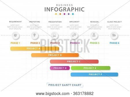 Infographic Template For Business. 6 Steps Modern Timeline Diagram Calendar With Grantt Chart, Prese