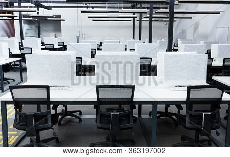 Close Up Of Empty Places For Workers In Co-working, Rental Offices Crisis, Remote Work, Coronacrisis
