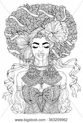 Vector African Women With Magnificent Curly Afro Retro Hairstyle, Decorated With A Scarf With A Flow