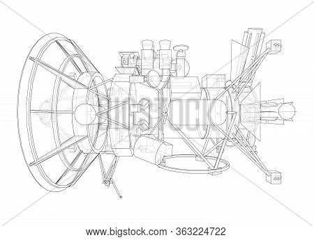 Communication Satellite Concept Outline. Vector Rendering Of 3d. Wire-frame Style. The Layers Of Vis