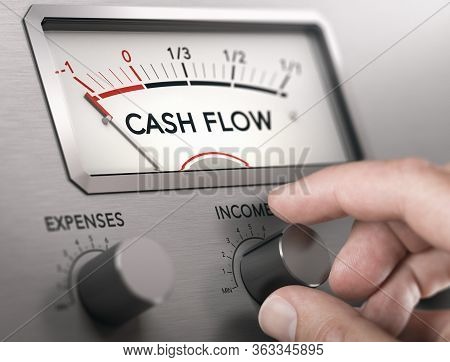 Man Turning Knob To Increase Income And Cash Flow Level. Composite Image Between A Hand Photography 