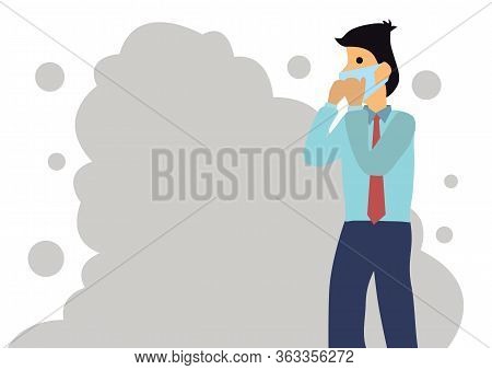 Man With Mask With A Smoky Background. Pollution Prevention Or Outbreak Concept. Vector Illustration