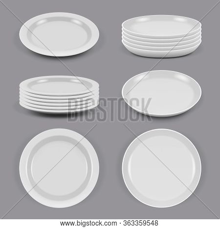 Ceramic Plates. Realistic Dishes For Food Kitchen Utensils Bowls And Plates Different Corners View V