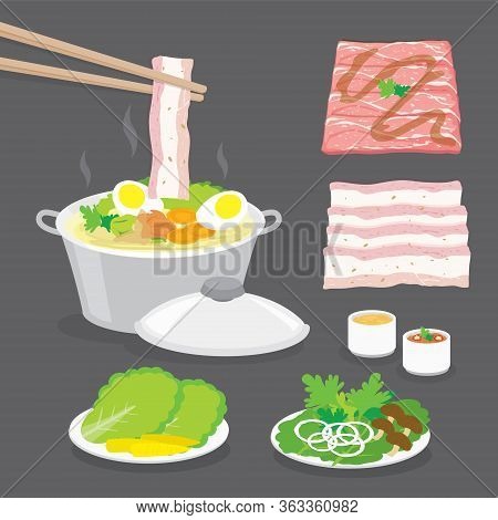 Set Of Traditional Japanese Food, Hot Pot, Shabu-shabu, Sukiyaki With Vegetables, Bacon, Pork, Meat 