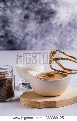 Cooking Dalgona Coffee With Whipped Foam . Dalgona Coffee Cream Made From Instant Coffee, Sugar And 